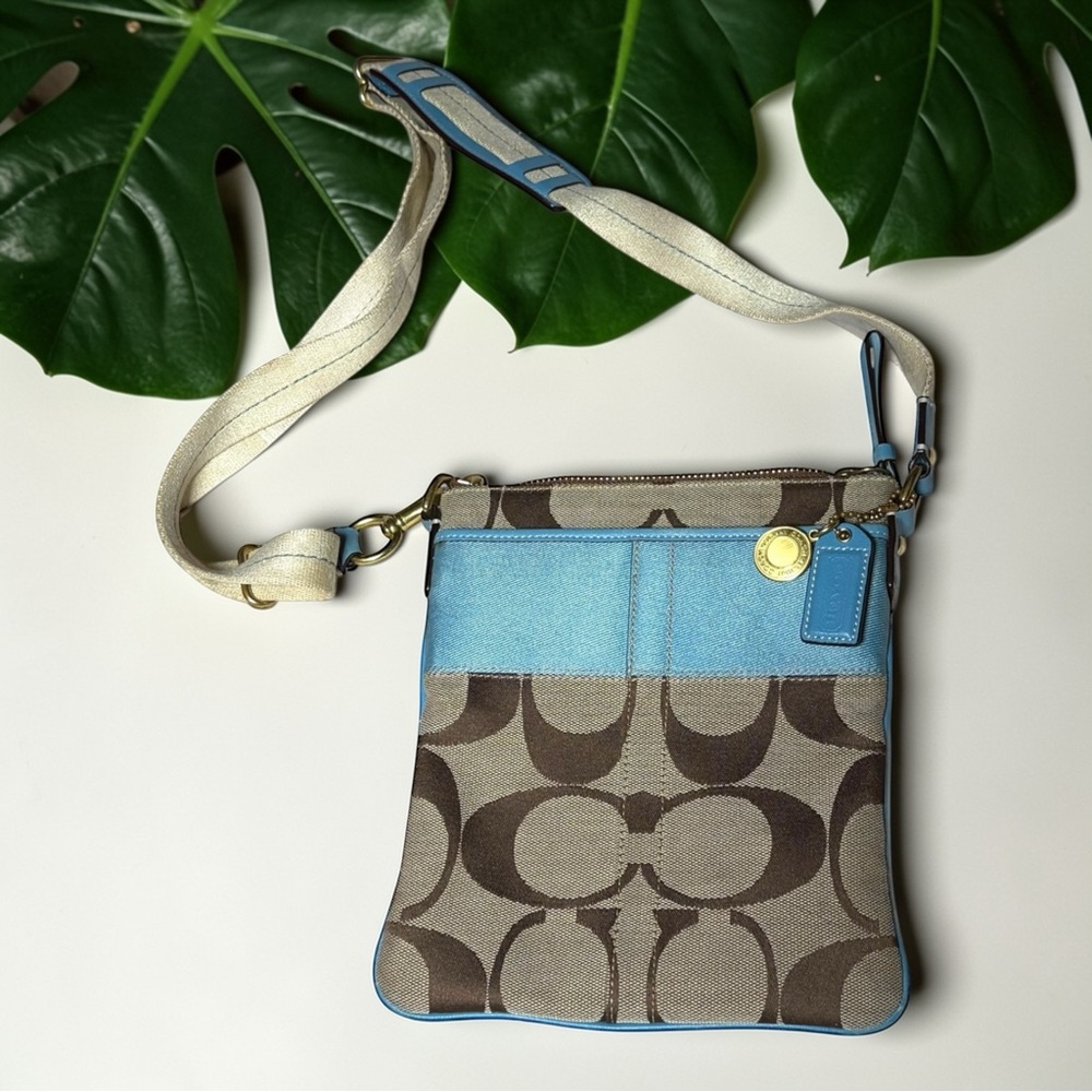 Coach Beige Signature Canvas Crossbody with Light Blue Leather Trim